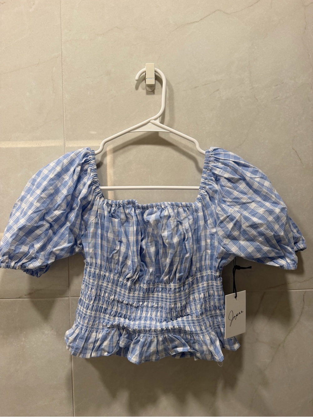 Japna- S- Blue & White Gingham Smocked Puff Sleeve Top- Crop